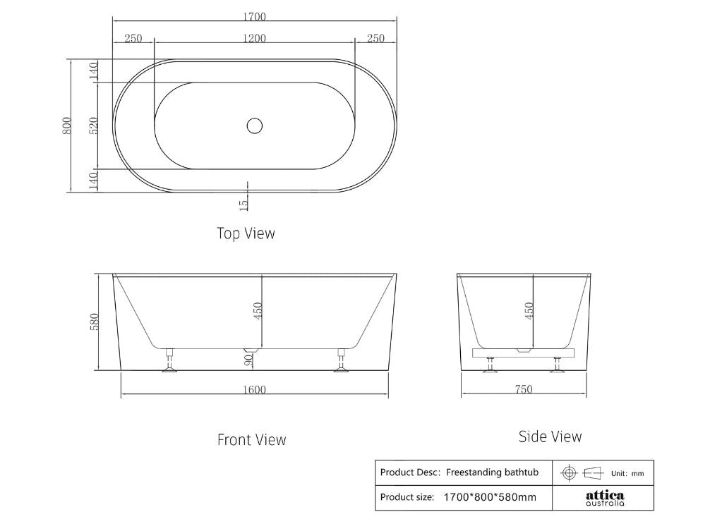 Noosa 1700mm Matte White Bath