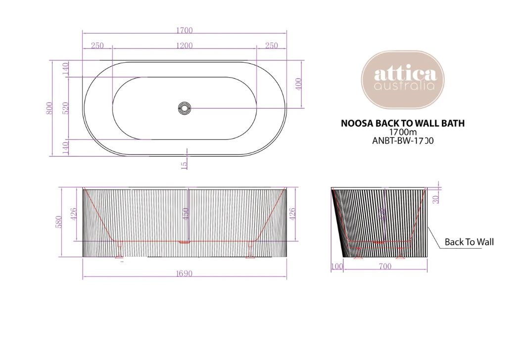 Noosa Back To Wall Multi-Fit Bath 1700mm Gloss White