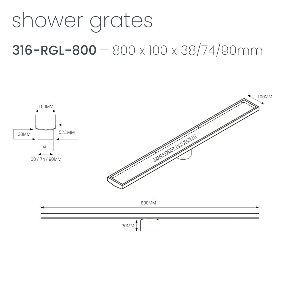 Linear Tile Insert Floor Grate (Gun Metal Grey) 100mm x 800mm (74mm Outlet)