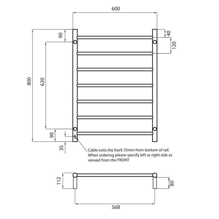 Radiant 240V Heated Round Ladder 600 x 800 Brushed Nickel