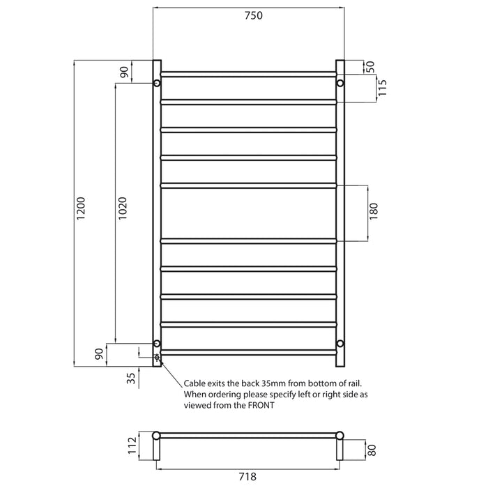 Radiant 240V Heated Round Ladder 750 x 1200 Mirror Polished