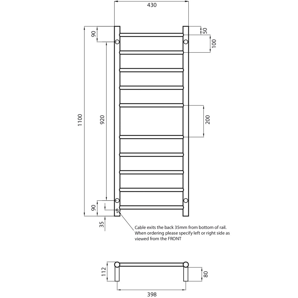 Radiant Low Voltage Heated Round Ladder 430 x 1100 Mirror Polished