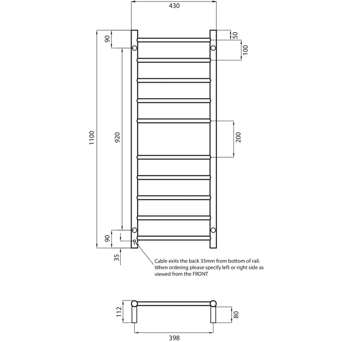 Radiant Low Voltage Heated Round Ladder 430 x 1100 Mirror Polished