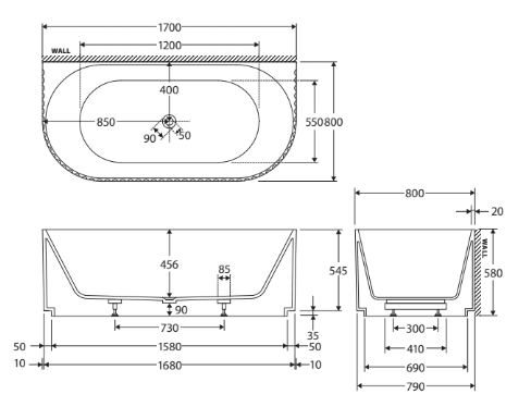 Eleanor 1700 Back-to-Wall Acrylic Bath - Designer Bathware