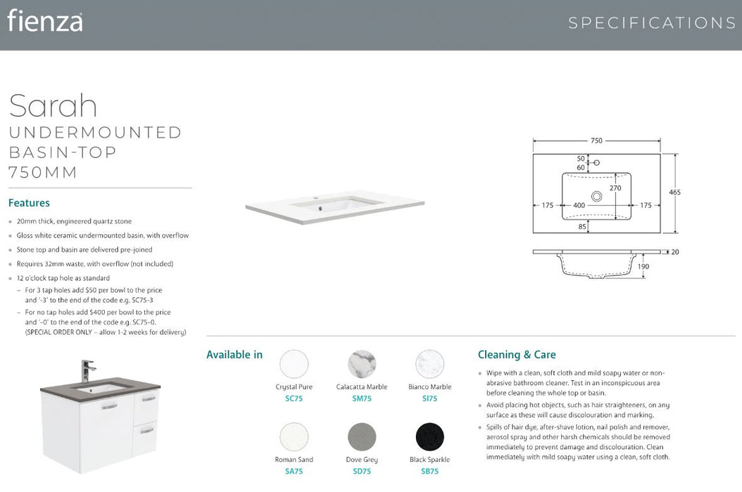 Sarah Calacatta Marble Undermount Amato Satin White Wall-Hung Vanity 900mm - Designer Bathware