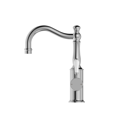 Nero York Basin Mixer Hook Spout with White Porcelain Lever Chrome