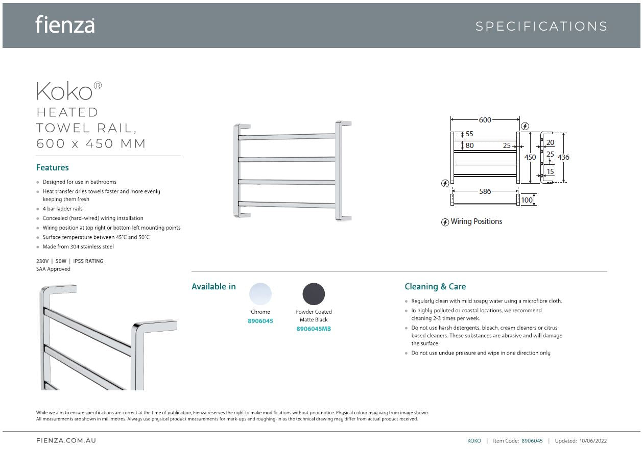 Koko Heated Towel Rail 600 x 450mm - Designer Bathware