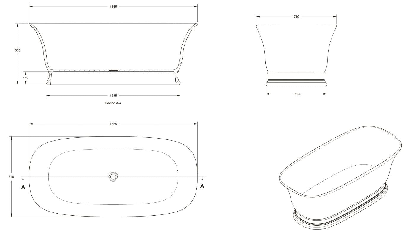 Cambridge 156 x 74 TitanCast Solid Surface Freestanding Bath – Special Finish