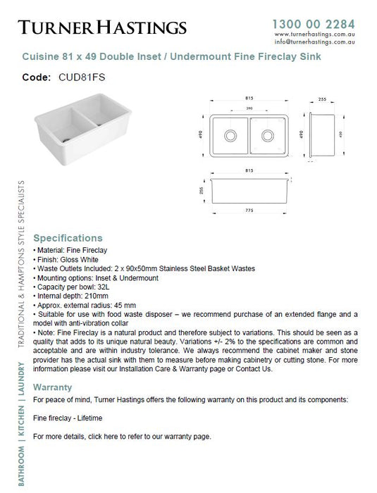 Turner Hastings Cuisine 81 x 49 Fine Fireclay Sink - Designer Bathware