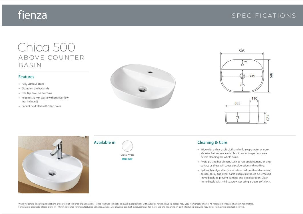 Chica 500 Above Counter Basin - Designer Bathware