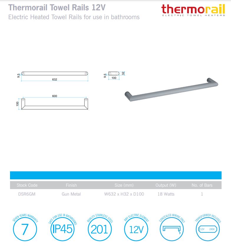 Round Single Bar Heated Towel Rail 600 - Designer Bathware