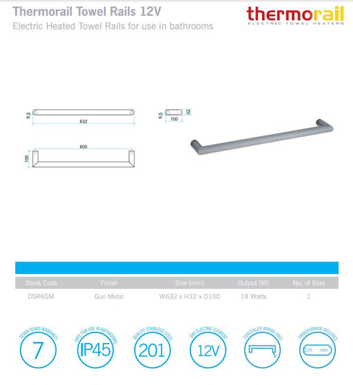 Round Single Bar Heated Towel Rail 600 - Designer Bathware