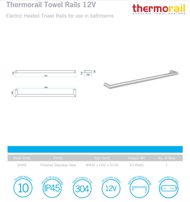 Round Single Bar Heated Towel Rail 800 - Designer Bathware