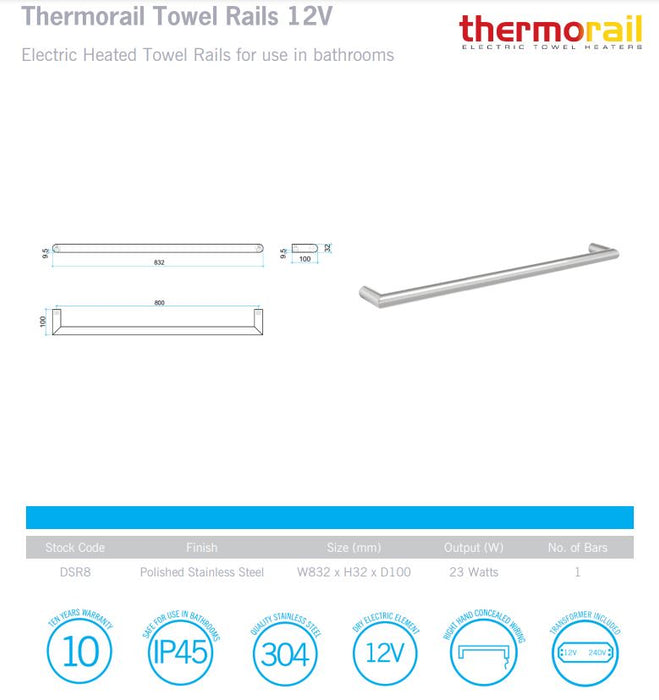 Round Single Bar Heated Towel Rail 800 - Designer Bathware
