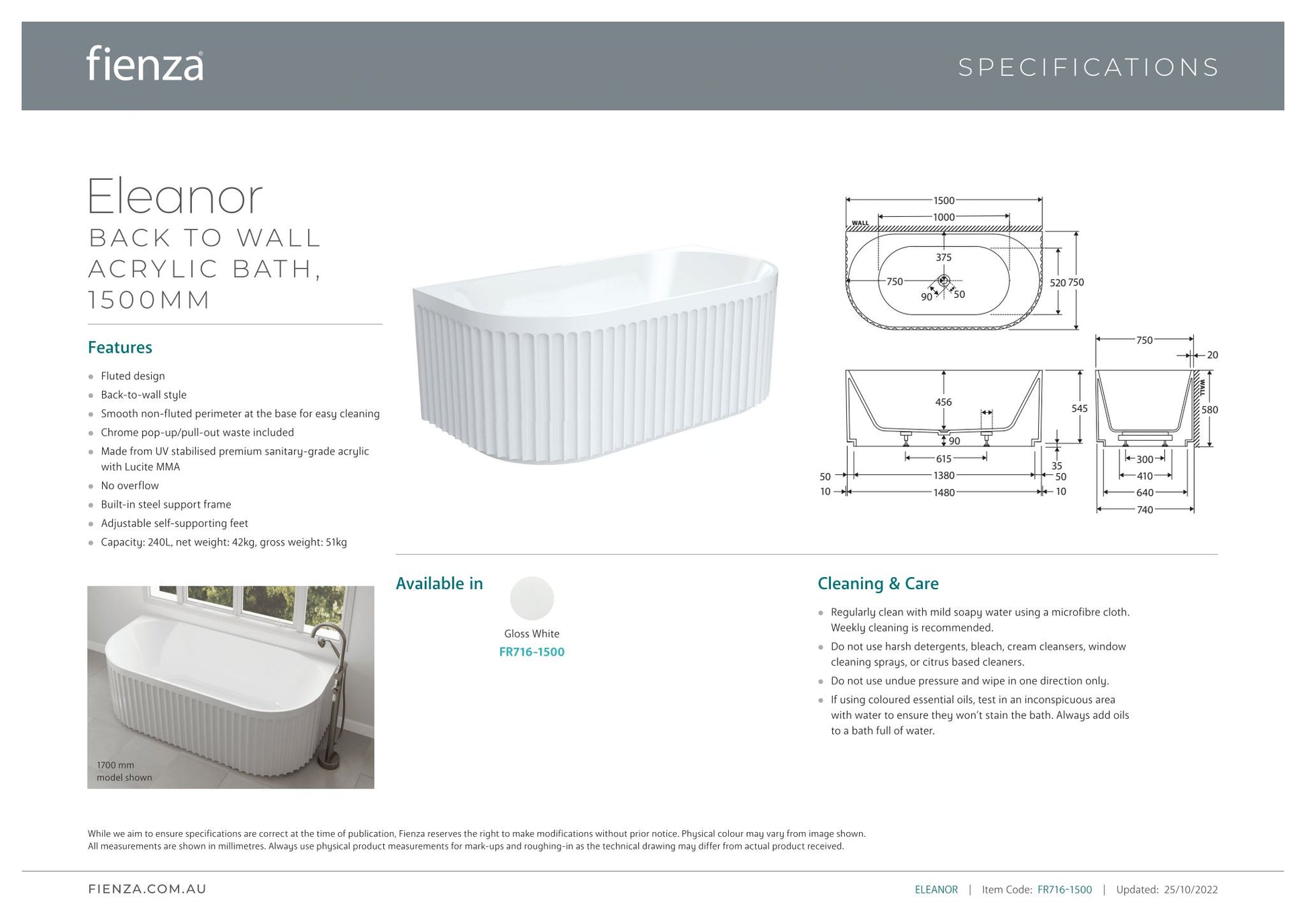 Eleanor 1500 Back-to-Wall Acrylic Bath - Designer Bathware