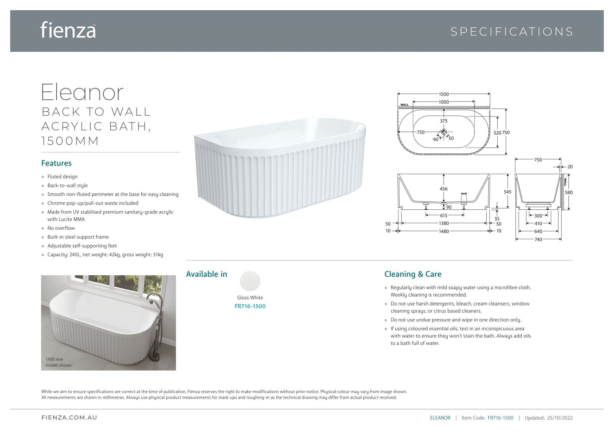 Eleanor 1500 Back-to-Wall Acrylic Bath - Designer Bathware