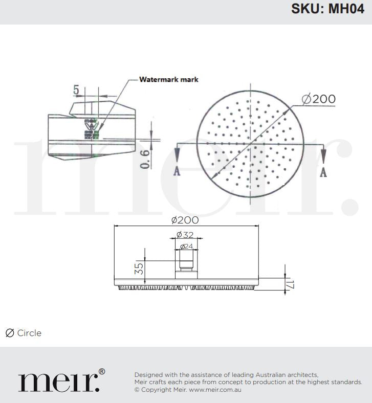Round Shower Rose 200mm - Designer Bathware