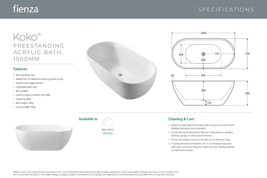 Koko Freestanding Acrylic Bath 1500 - Designer Bathware