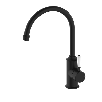 Nero York Kitchen Mixer Gooseneck Spout with White Porcelain Lever - Matte Black