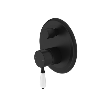 Nero York Shower Mixer with Divertor with White Porcelain Lever - Matte Black