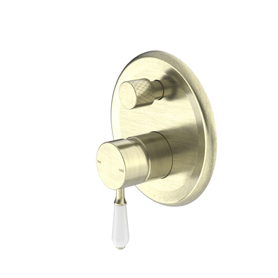 Nero York Shower Mixer with Divertor with White Porcelain Lever - Aged Brass