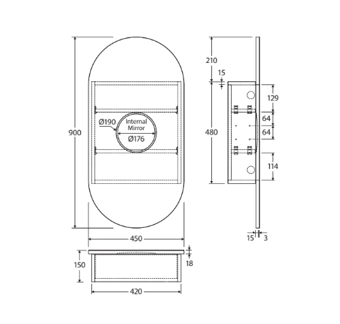 Pill Mirror Cabinet, 450 x 900mm - Designer Bathware