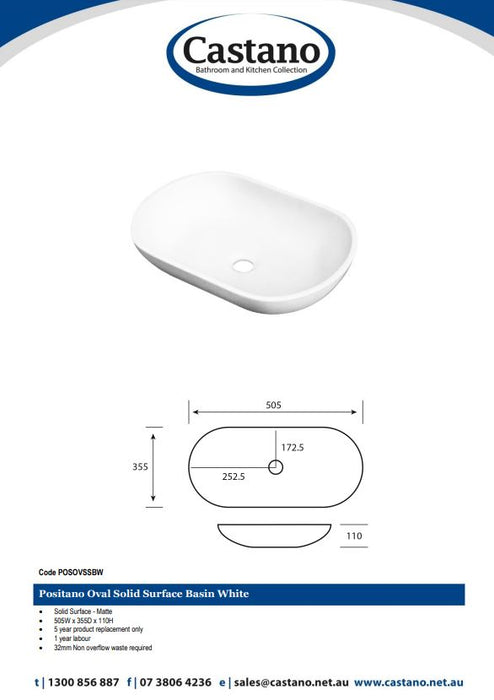 Positano Oval Solid Surface Basin - Designer Bathware