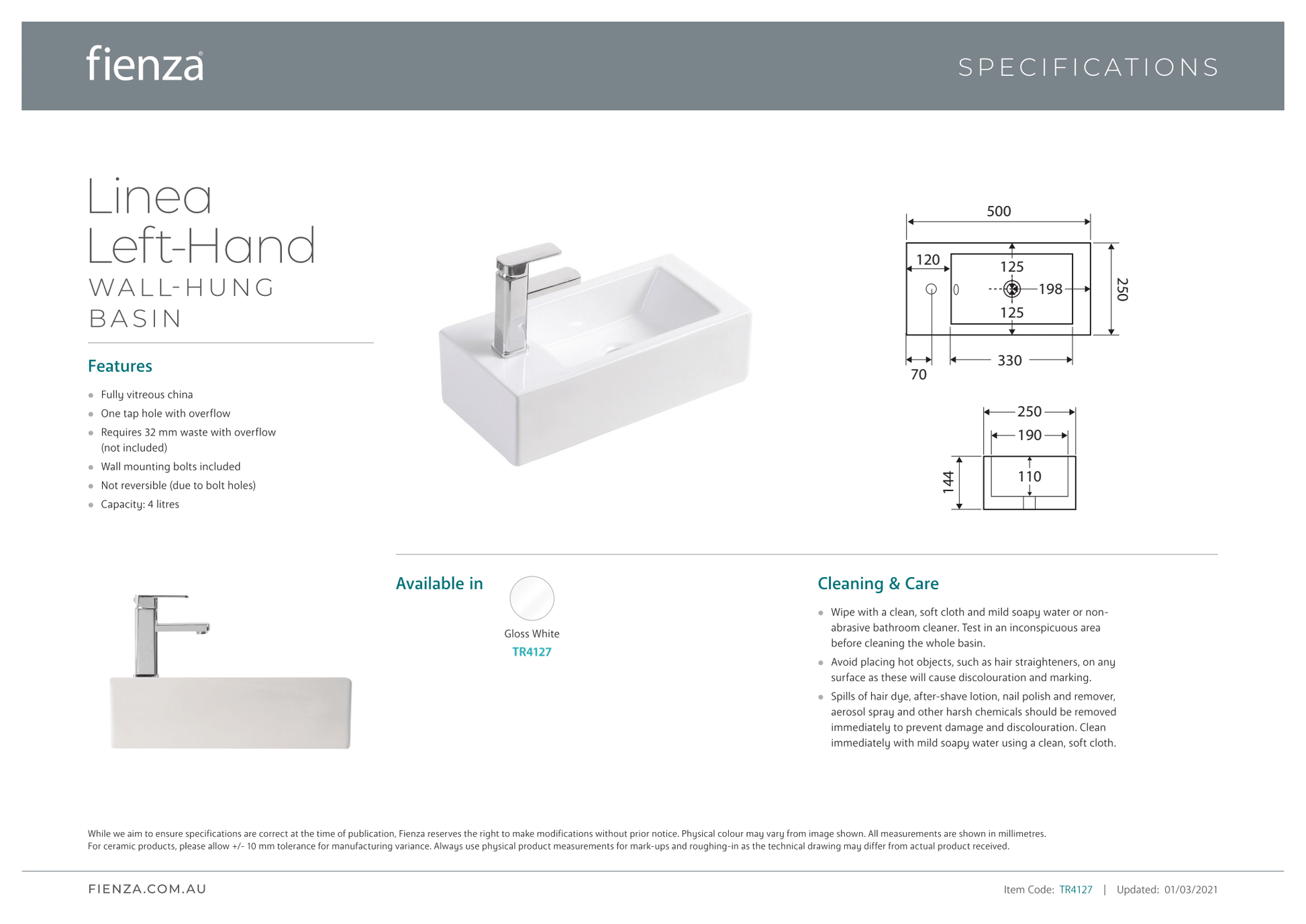 Linea Left-Hand Wall Basin - Designer Bathware
