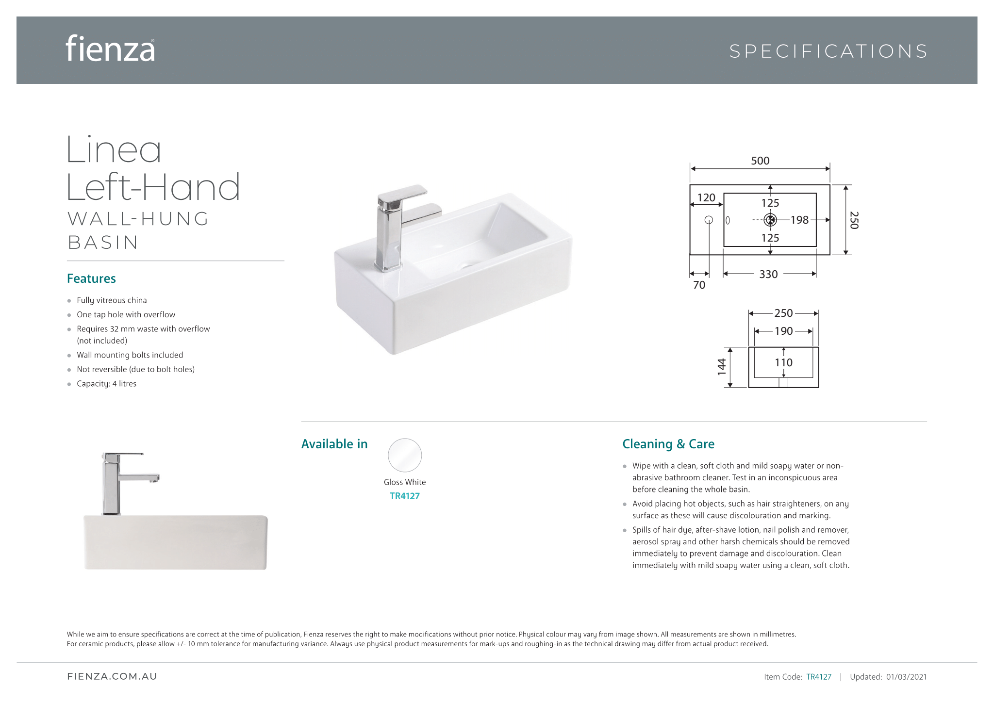 Linea Left-Hand Wall Basin - Designer Bathware