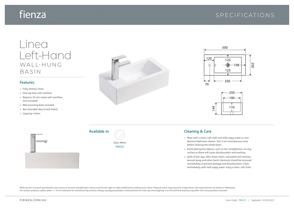 Linea Left-Hand Wall Basin - Designer Bathware
