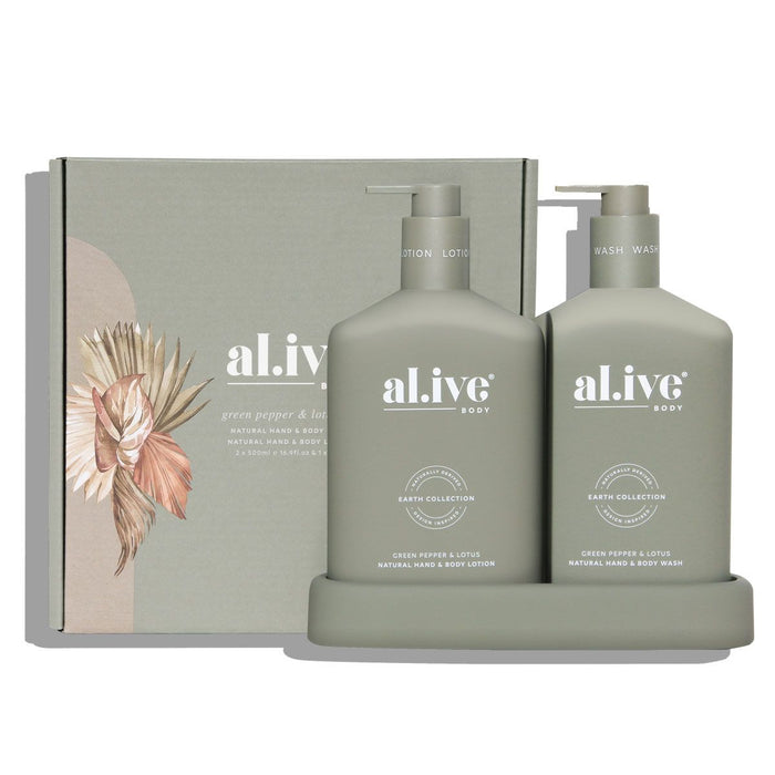 al.ive Wash & Lotion Duo + Tray - Green Pepper & Lotus - Designer Bathware