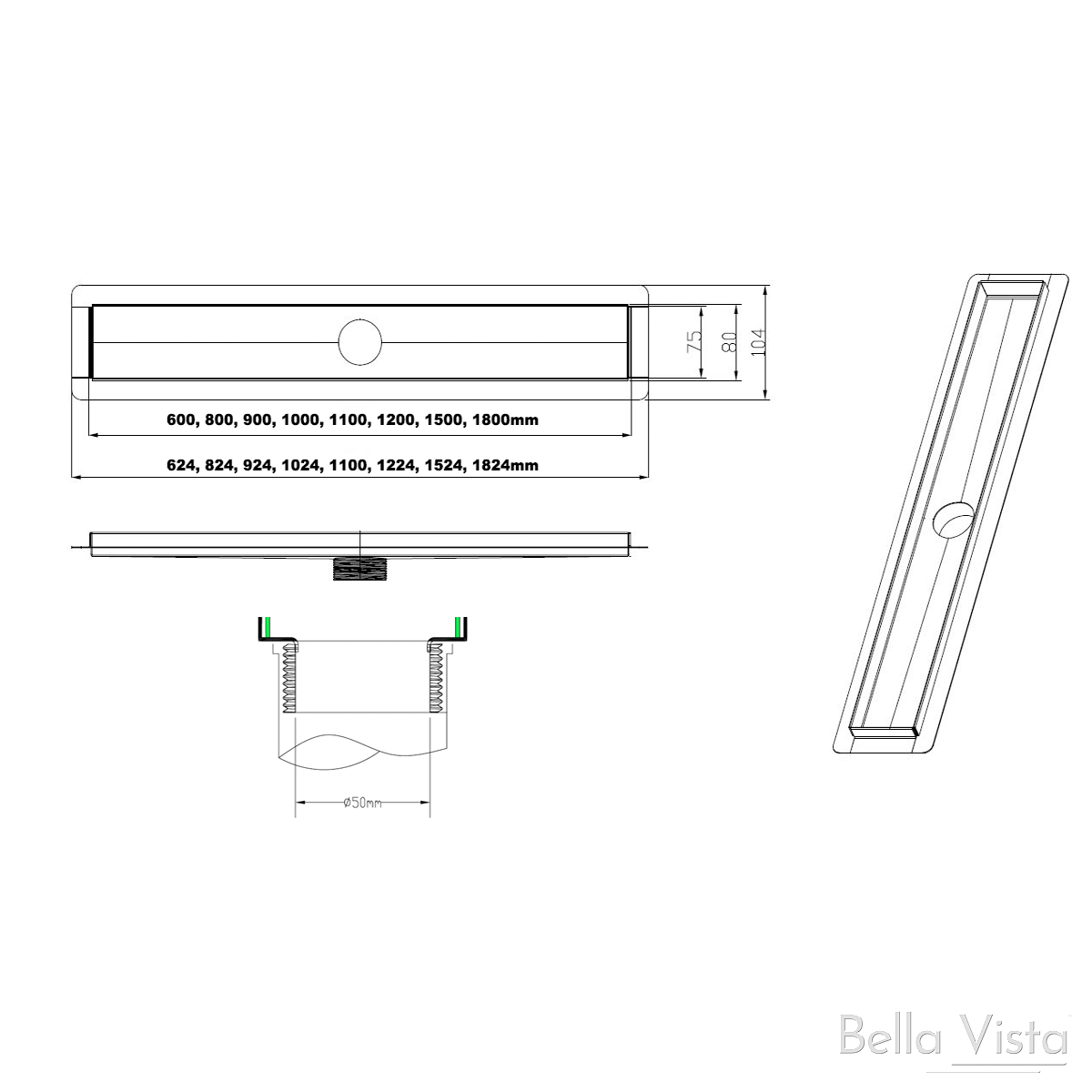 Zenon Range Linear Style Grate 1200mm - Designer Bathware