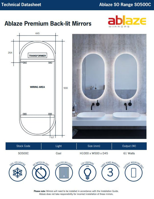 Premium Back Lit Oval Mirror Warm Light - Designer Bathware
