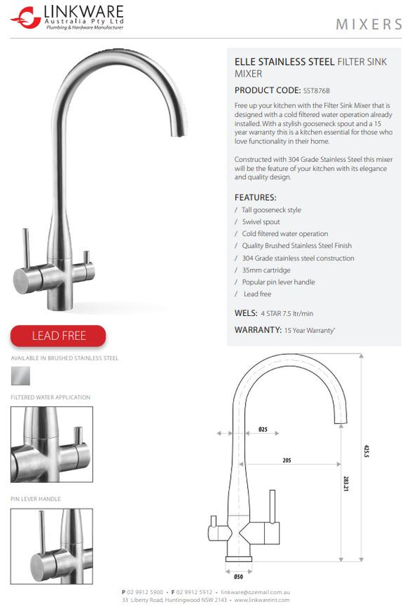 ELLE STAINLESS STEEL FILTER SINK MIXER — Designer Bathware