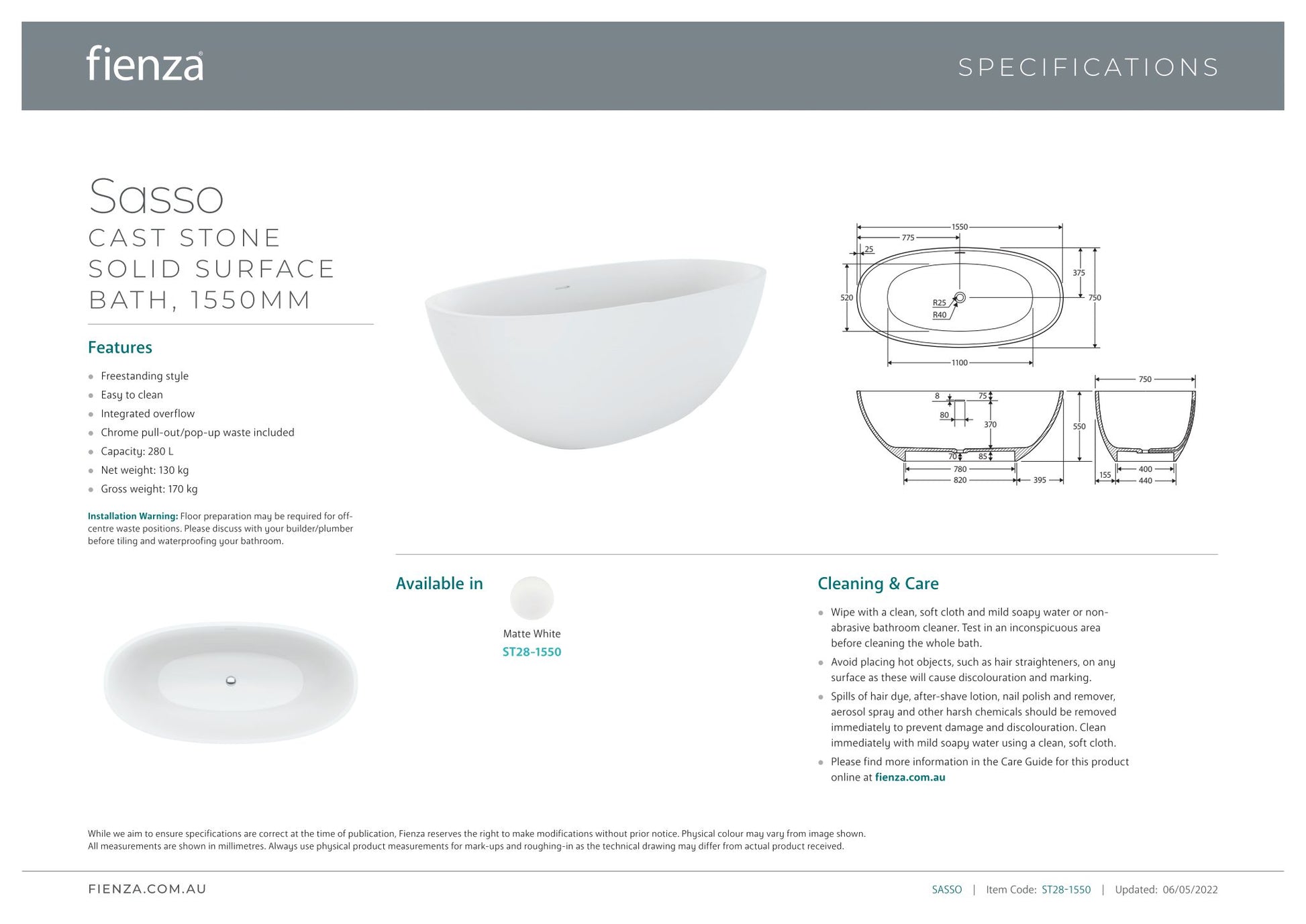 Sasso 1550mm Matte White Stone Bath - Designer Bathware