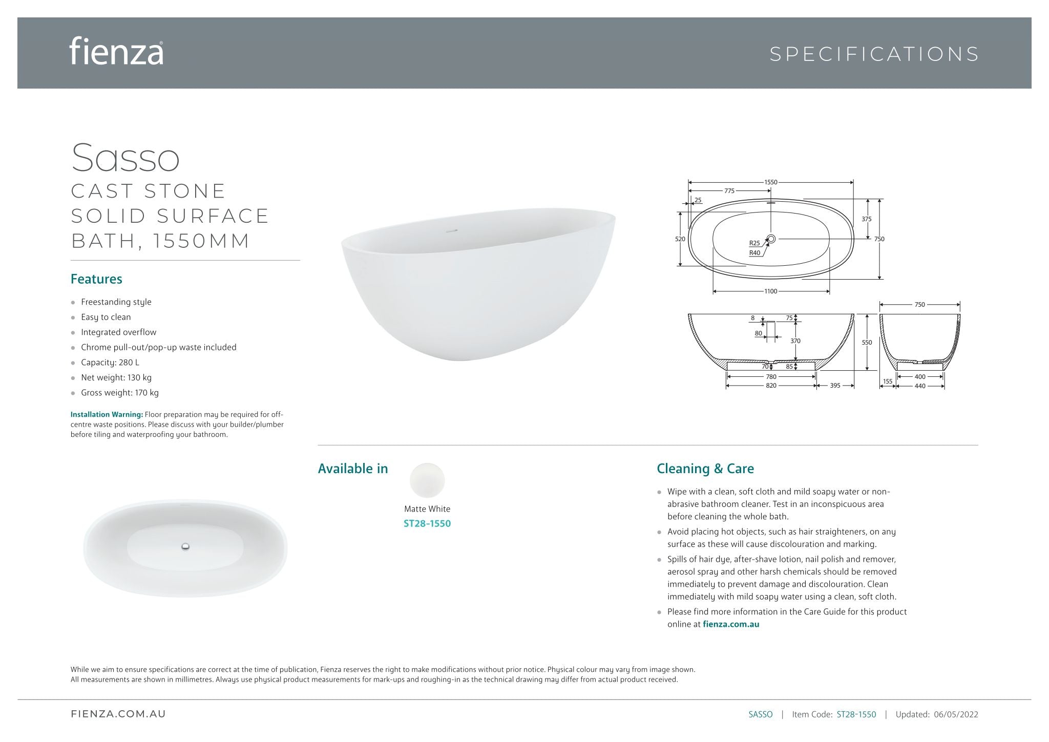 Sasso 1550mm Matte White Stone Bath - Designer Bathware
