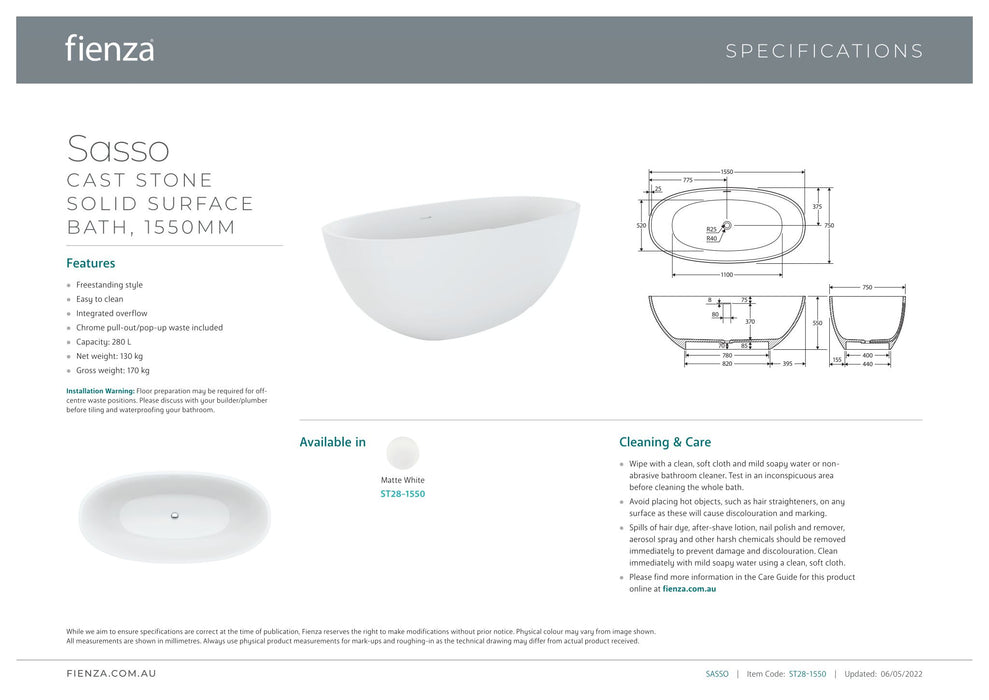 Sasso 1550mm Matte White Stone Bath - Designer Bathware