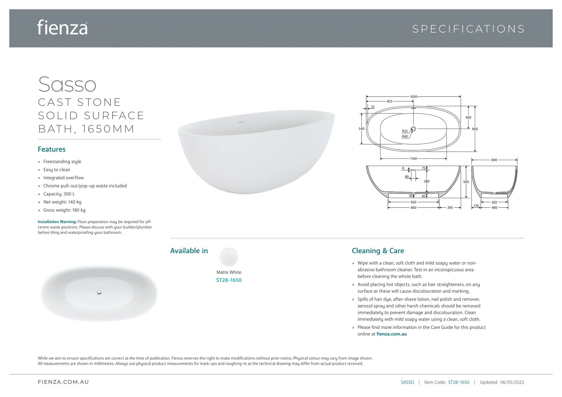 Sasso 1650mm Matte White Stone Bath - Designer Bathware
