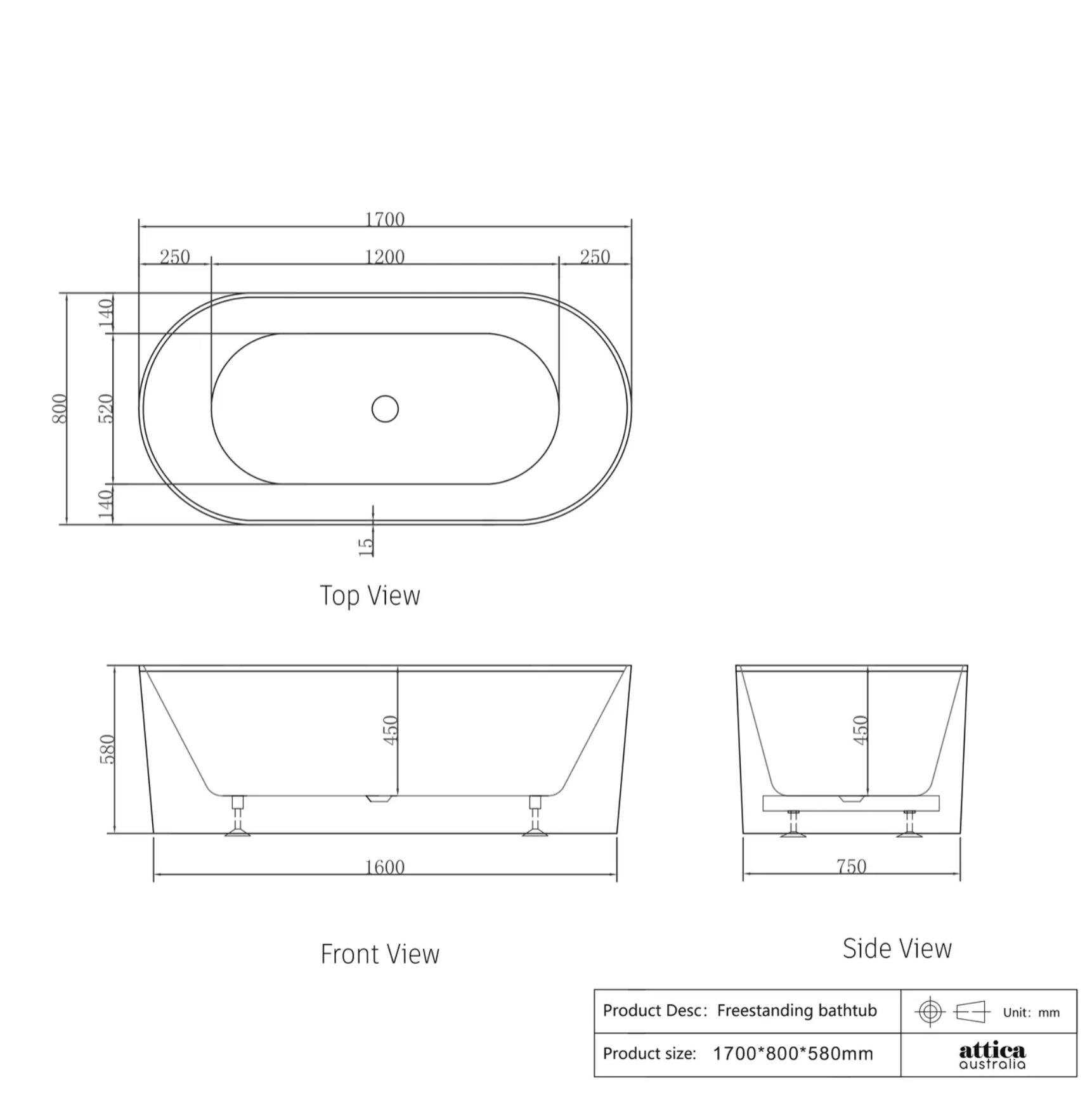 Noosa 1700mm Gloss White Bath - Designer Bathware