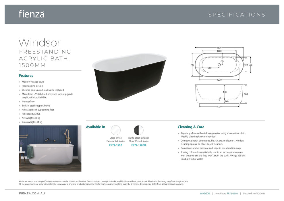 Windsor 1500 Freestanding Acrylic Bath - Designer Bathware
