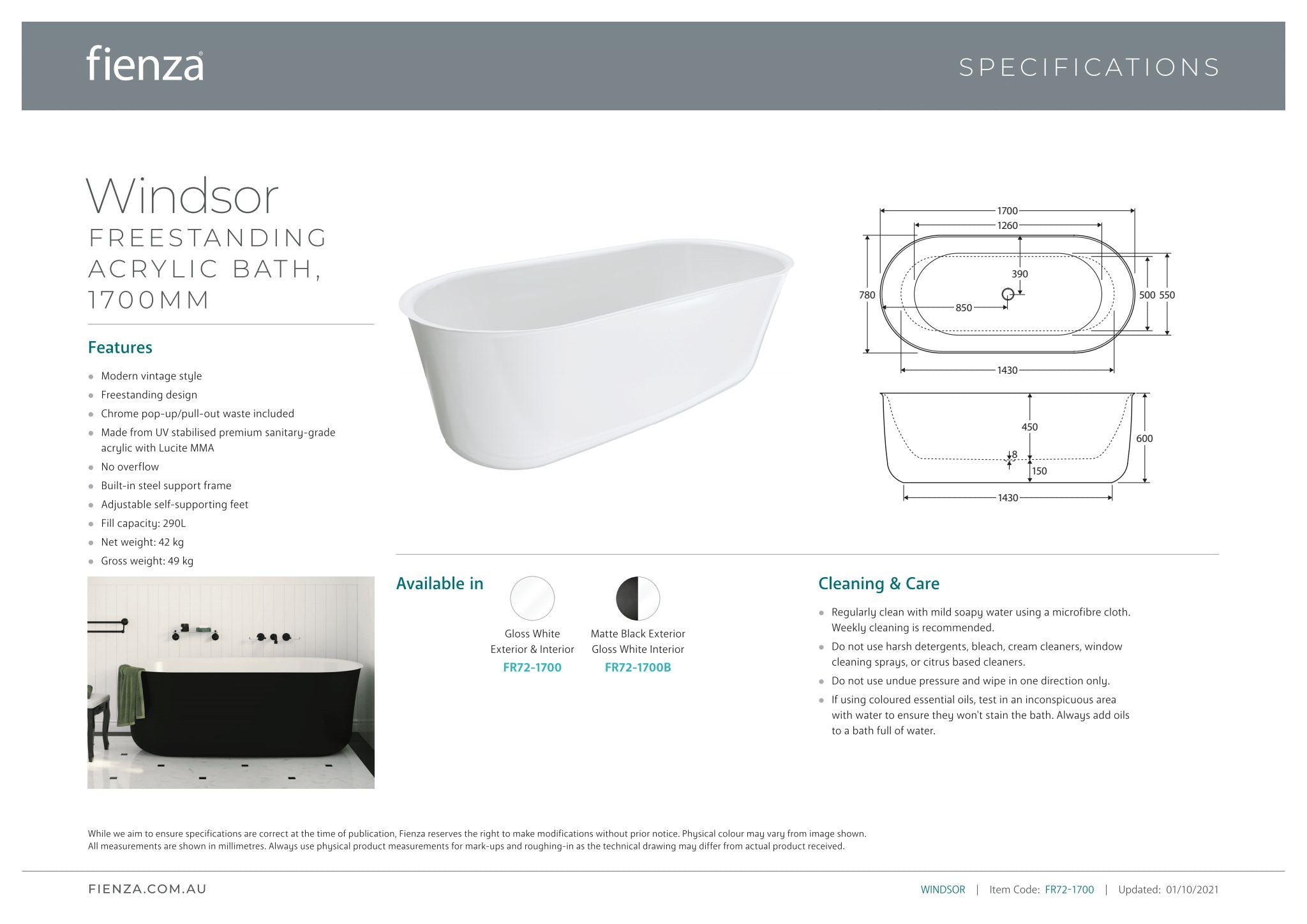 Windsor 1700 Freestanding Acrylic Bath, Matte Black - Designer Bathware