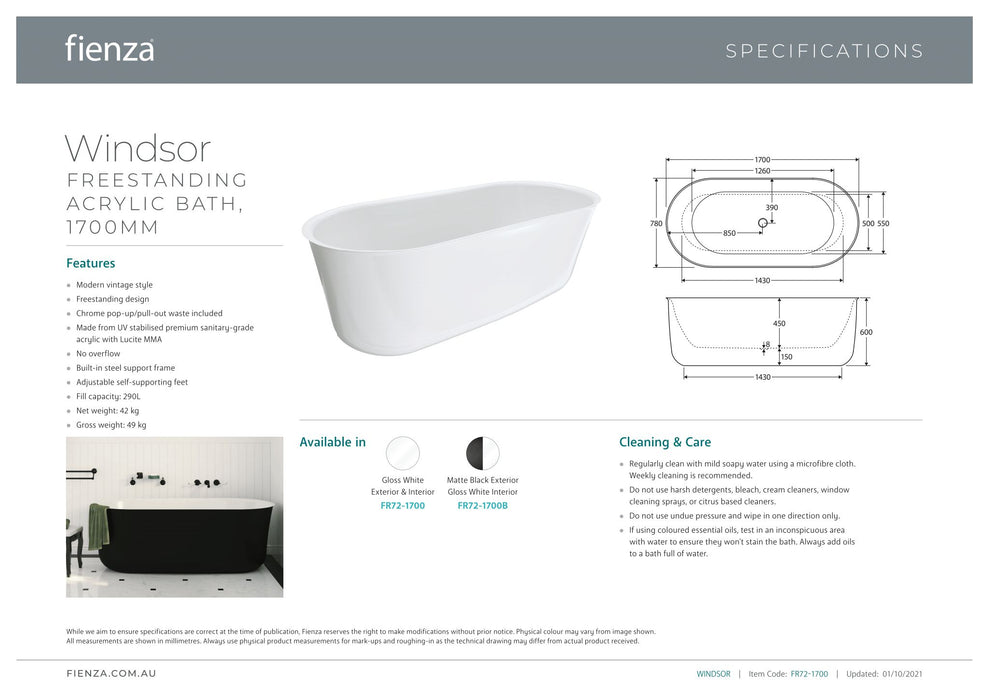 Windsor 1700 Freestanding Acrylic Bath - Designer Bathware