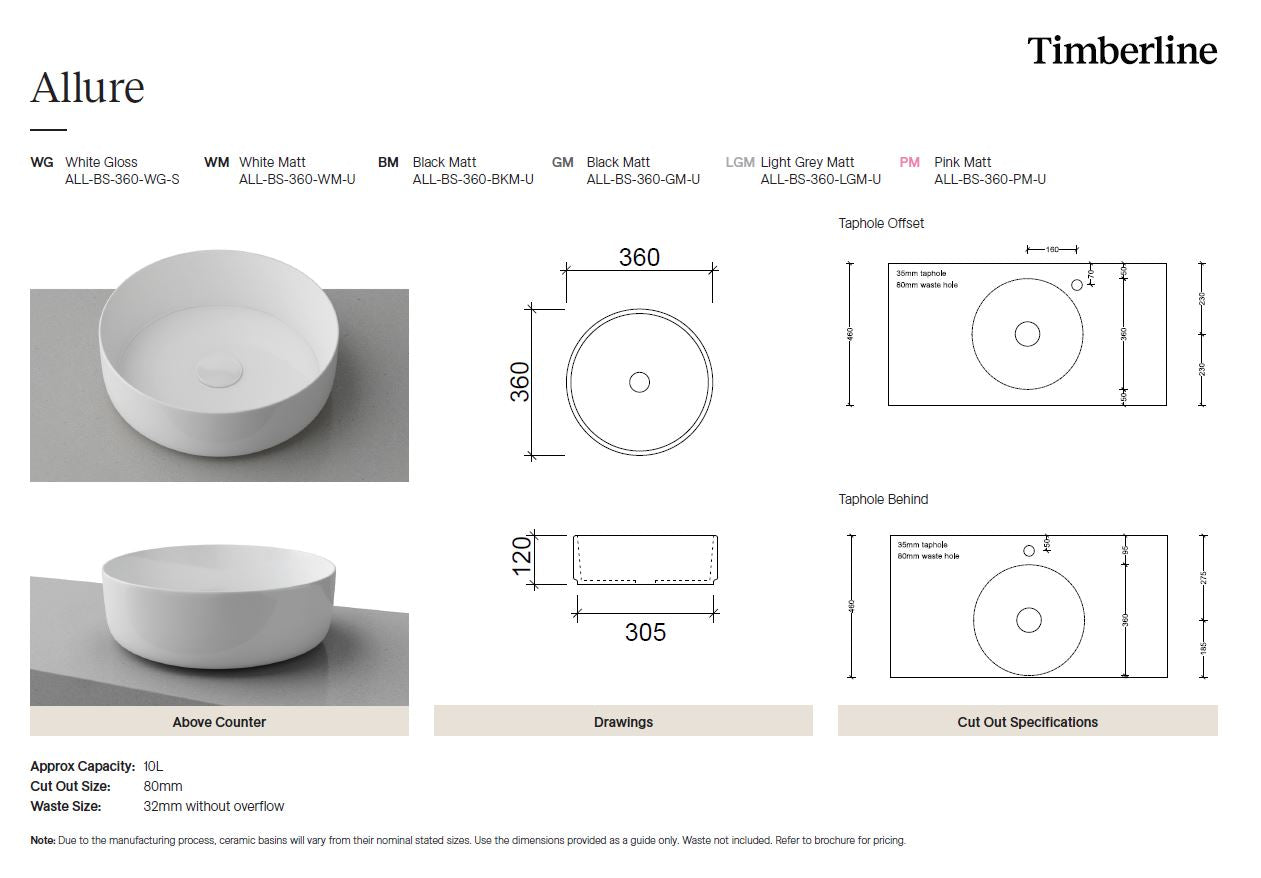 Timberline Allure Gloss White Basin - Designer Bathware