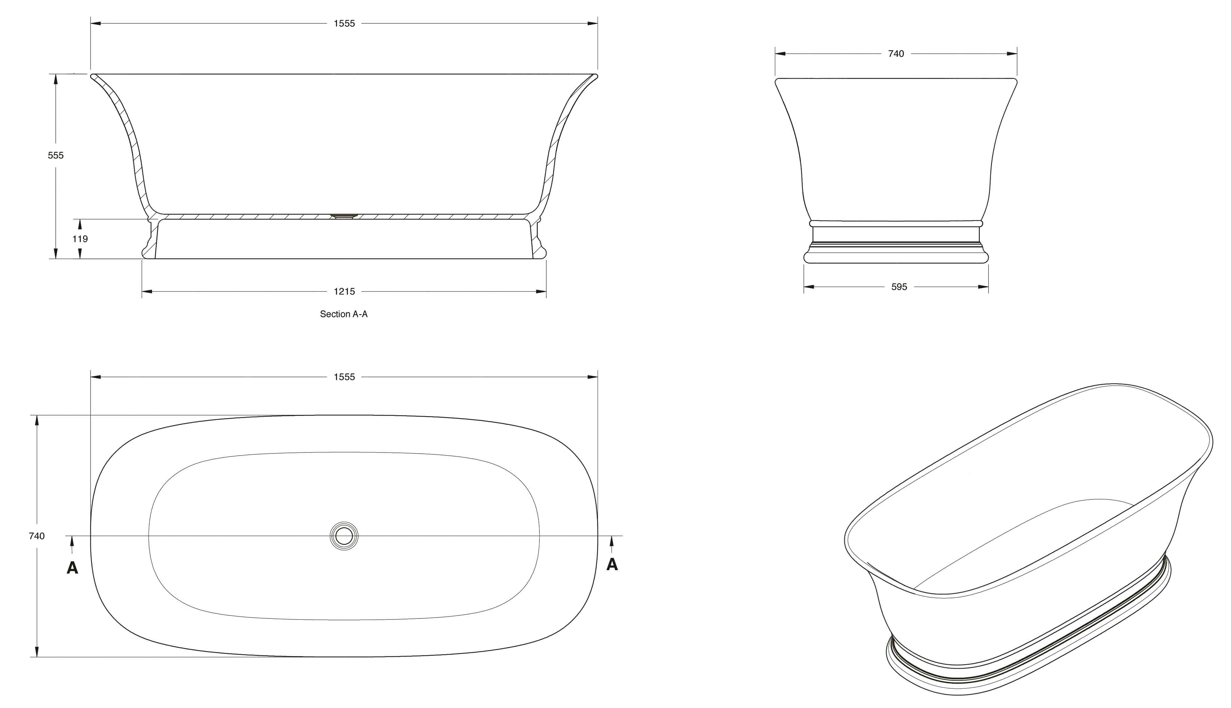Cambridge 156 x 74 TitanCast Solid Surface Freestanding Bath - Gloss White
