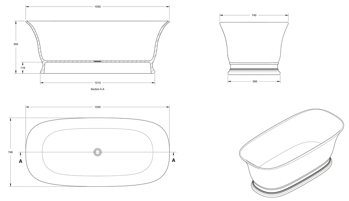 Cambridge 156 x 74 TitanCast Solid Surface Freestanding Bath - Gloss White