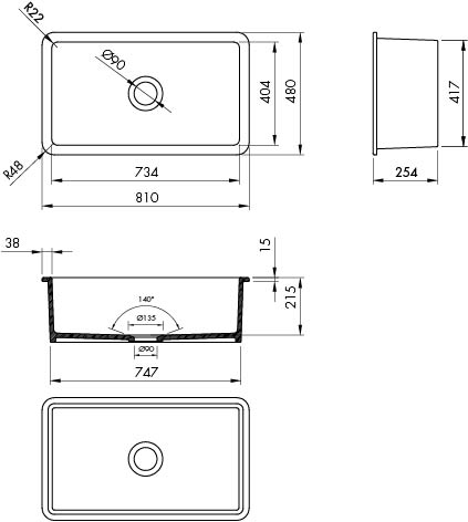 Cuisine 81 x 48 Inset / Undermount Fine Fireclay Sink - Designer Bathware