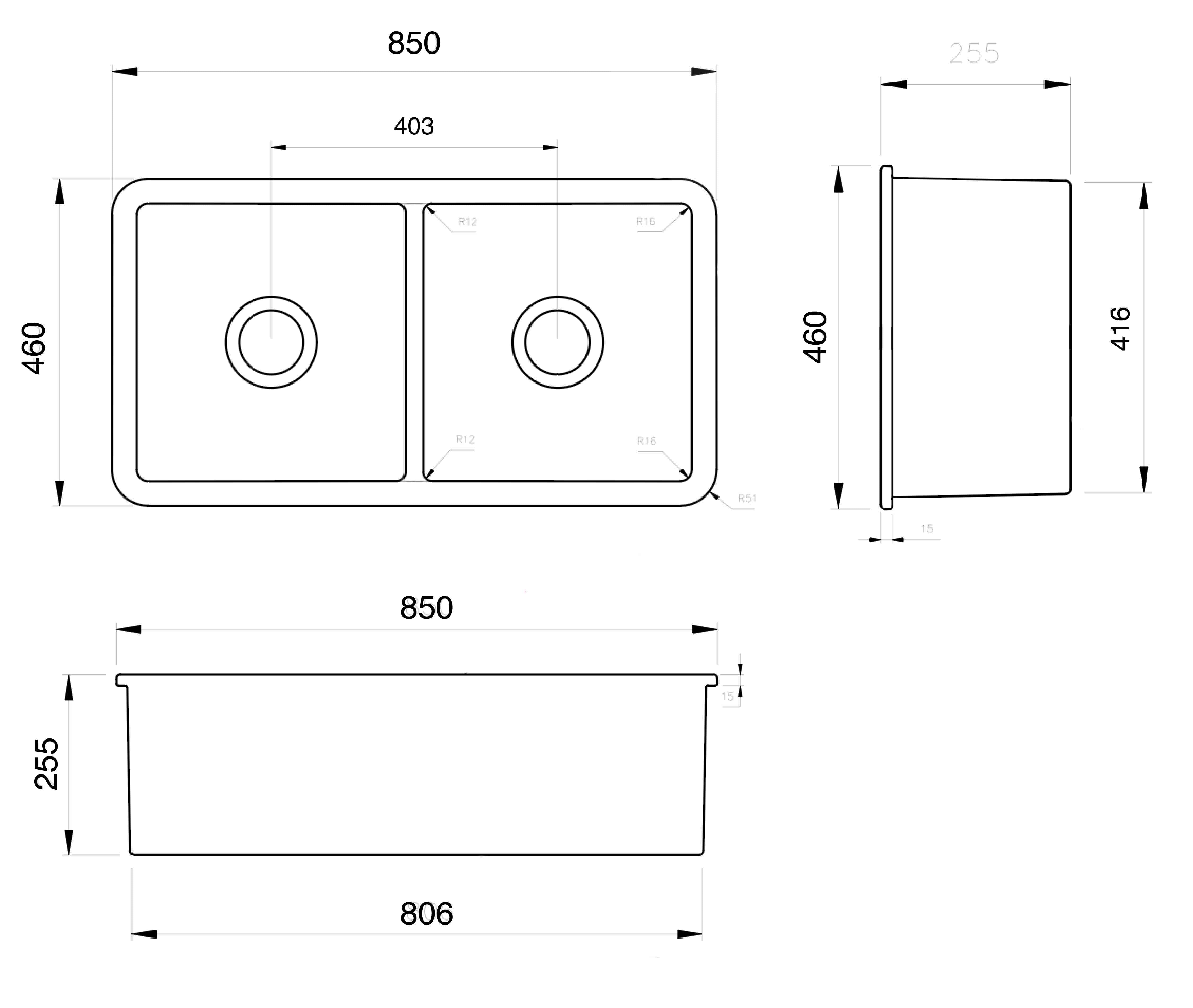 Cuisine 85 x 49 Double Inset / Undermount Fine Fireclay Sink - Designer Bathware