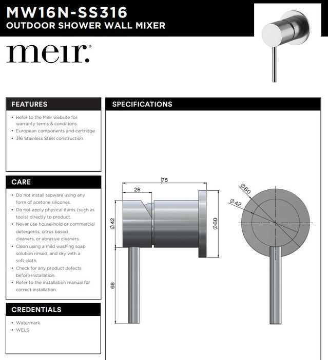 Meir Outdoor Wall Mixer - SS316 - Designer Bathware