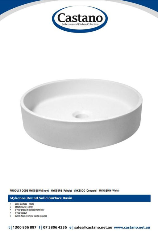 Mykonos Round Solid Surface Above Counter Basin - Designer Bathware