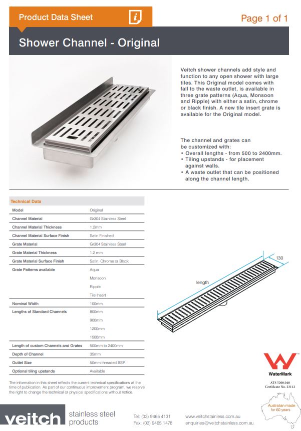 Original Shower Channel 1200mm - Designer Bathware